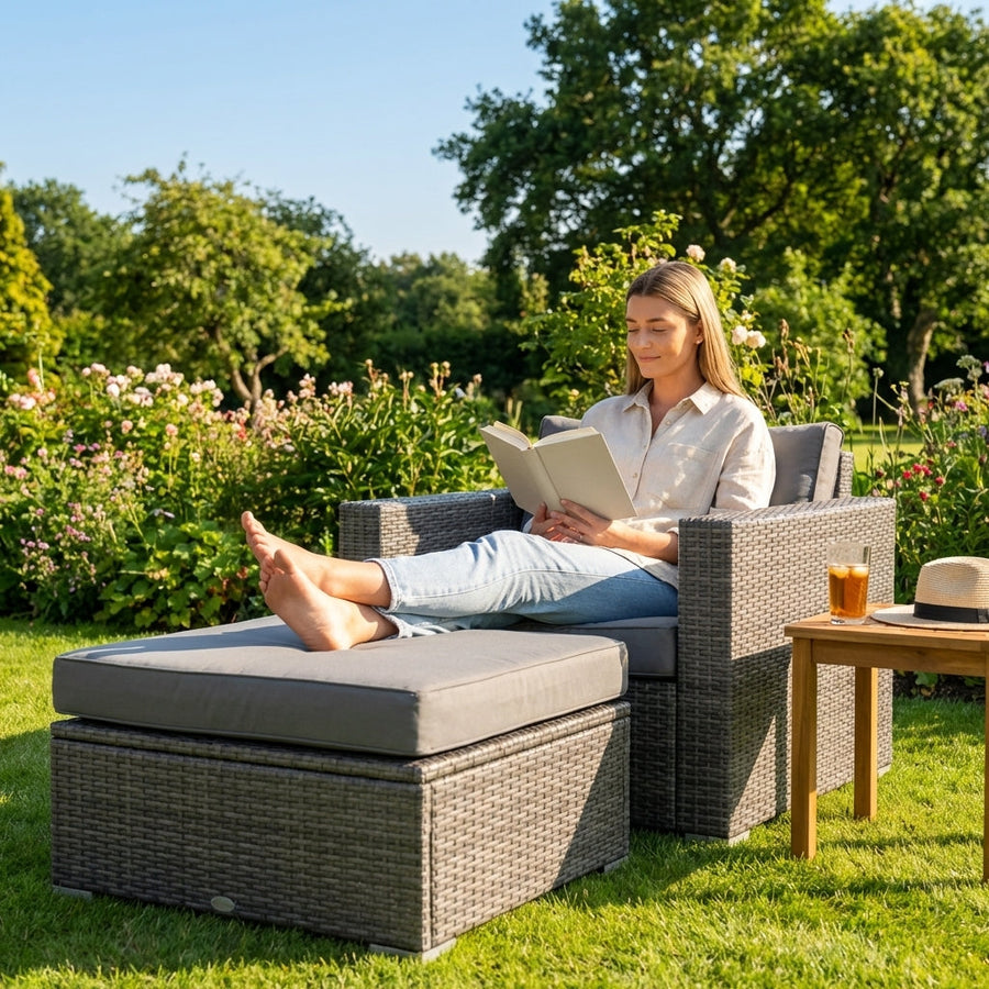 Ottoman Footrests – Grey – Rattan/Aluminium – Garden & Patio