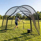 Baseball batting cage extender setup with fibreglass frame and polyester netting - product detail