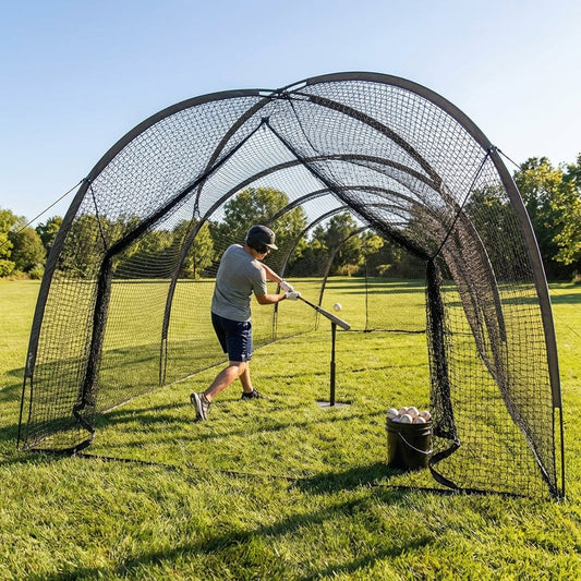 Baseball batting cage extender setup with fibreglass frame and polyester netting - product detail