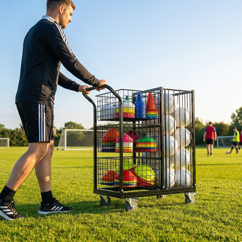 Sports Equipment Storage Trolley with mesh baskets and wheels - product detail