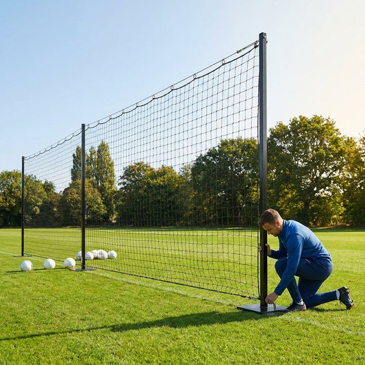 Pitch divider net system with galvanised steel posts and tensioned net