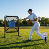 Blue baseball pitching target with adjustable straps and 9-pocket strike zone
