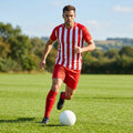 Men's striped football kit with shirt, shorts, and socks