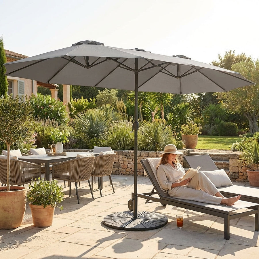 Double-Sided Garden Parasol – 4.6m Black/White – Steel Frame – Outdoor Shade