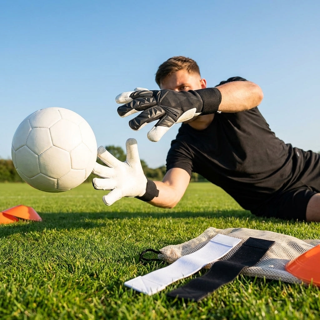 Hybrid goalkeeper gloves in white and black with neoprene backhand - product detail