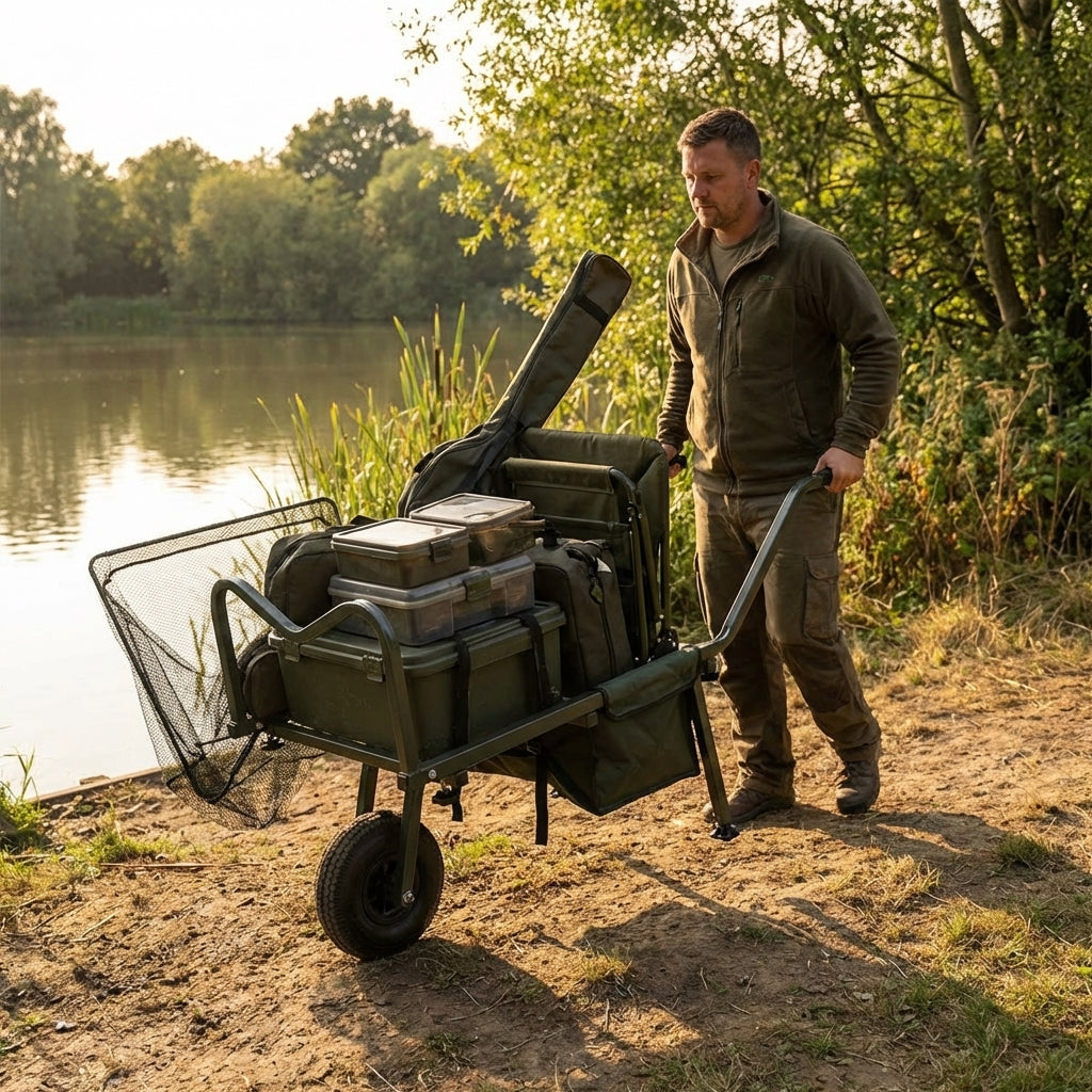 Fishing trolley in army green with steel construction and all-terrain capability - product detail