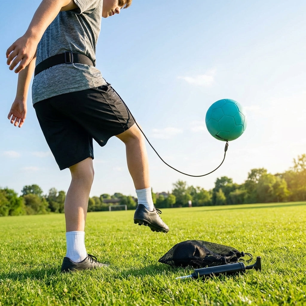 Football kick trainer with adjustable neoprene belt and training ball - product detail