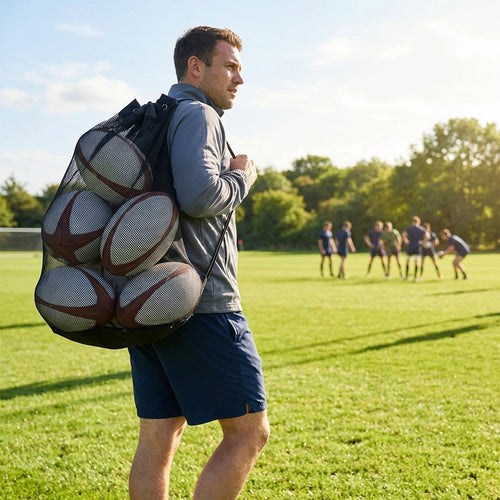 Rugby Ball Carry Bag – Black – Durable Mesh – For Coaches & Schools