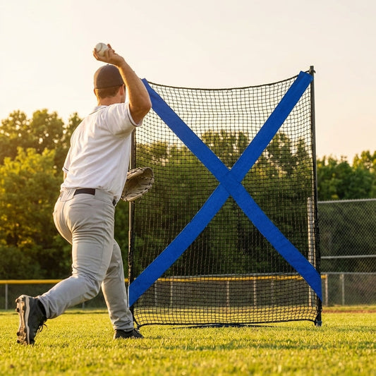 Blue baseball pitching target with adjustable straps and 9-pocket strike zone - product detail