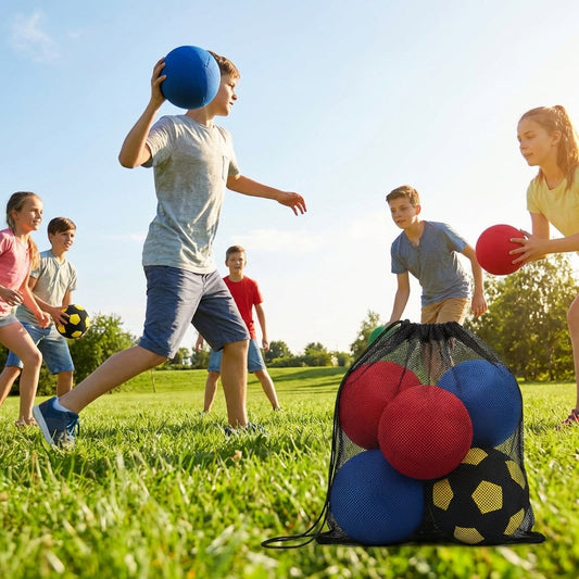 7in cloth dodgeball in red, blue, and yellow/black, perfect for indoor sports - product detail