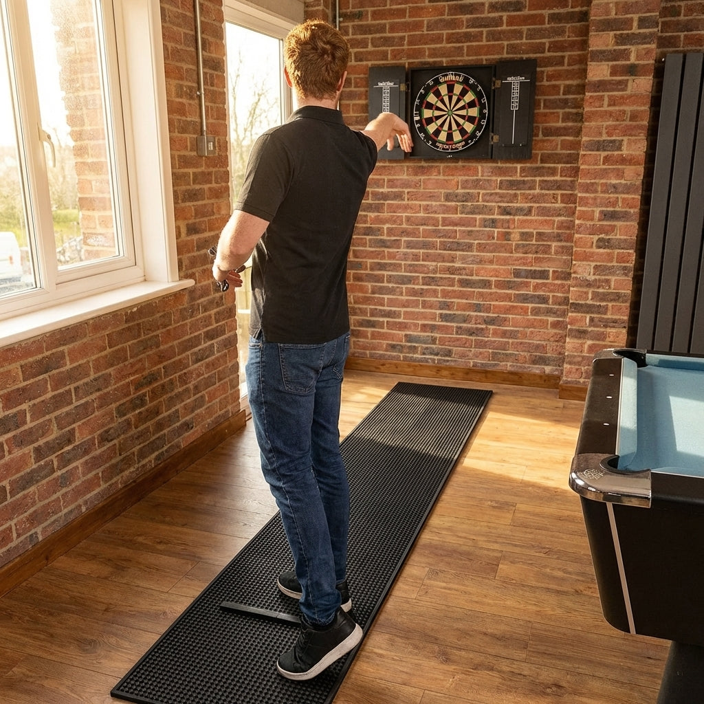 Black rubber darts mat with distance markers - product detail