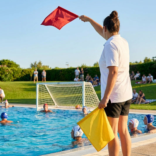 Water polo referee flags in red, yellow, white, and blue with PVC poles - product detail