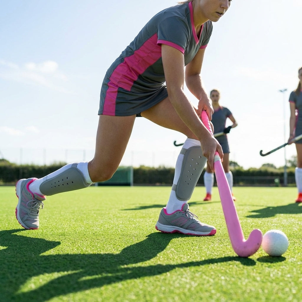 Hockey shin pads in Grey and Pink with reinforced polypropylene shell - product detail