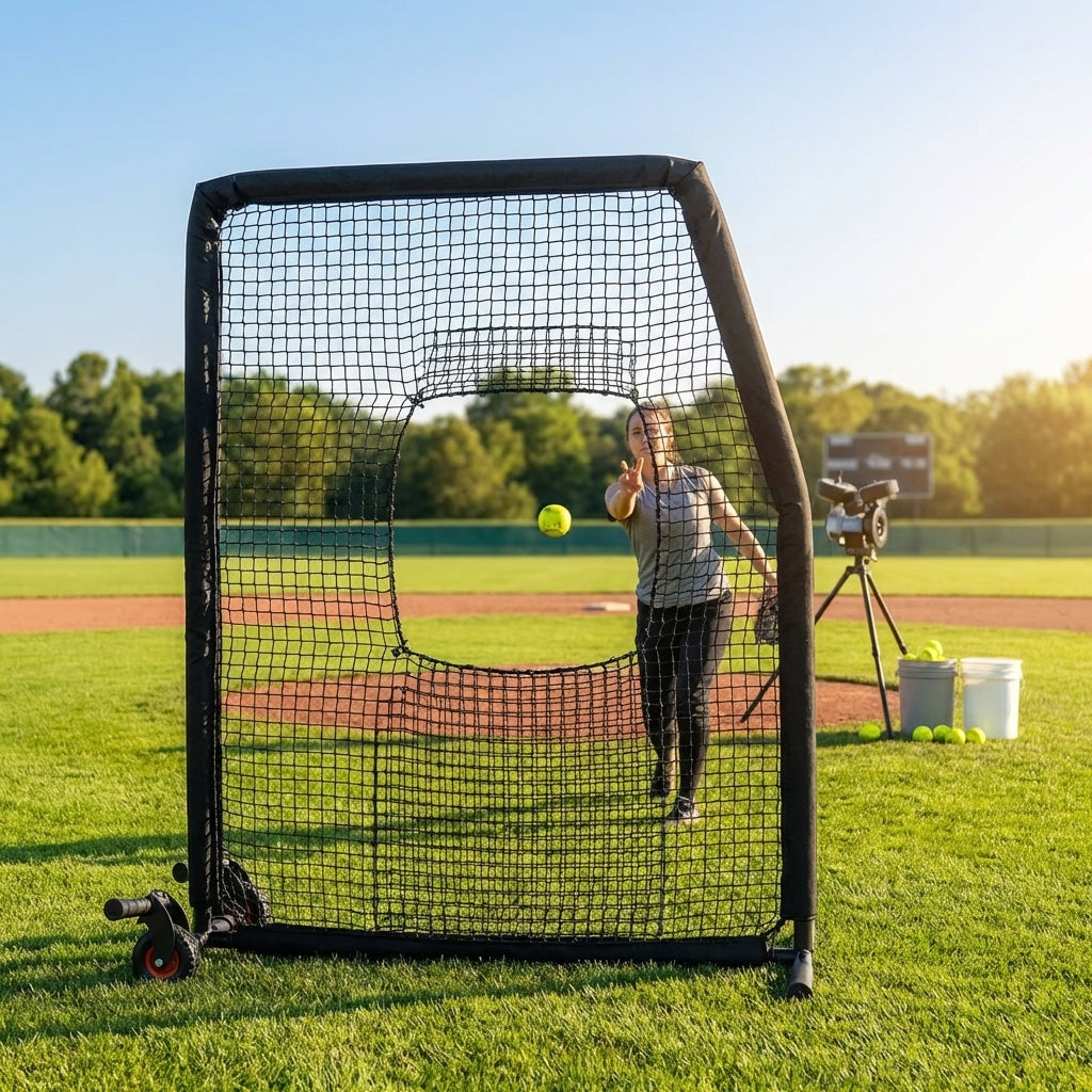 Softball pitching screen with steel frame and foam padding