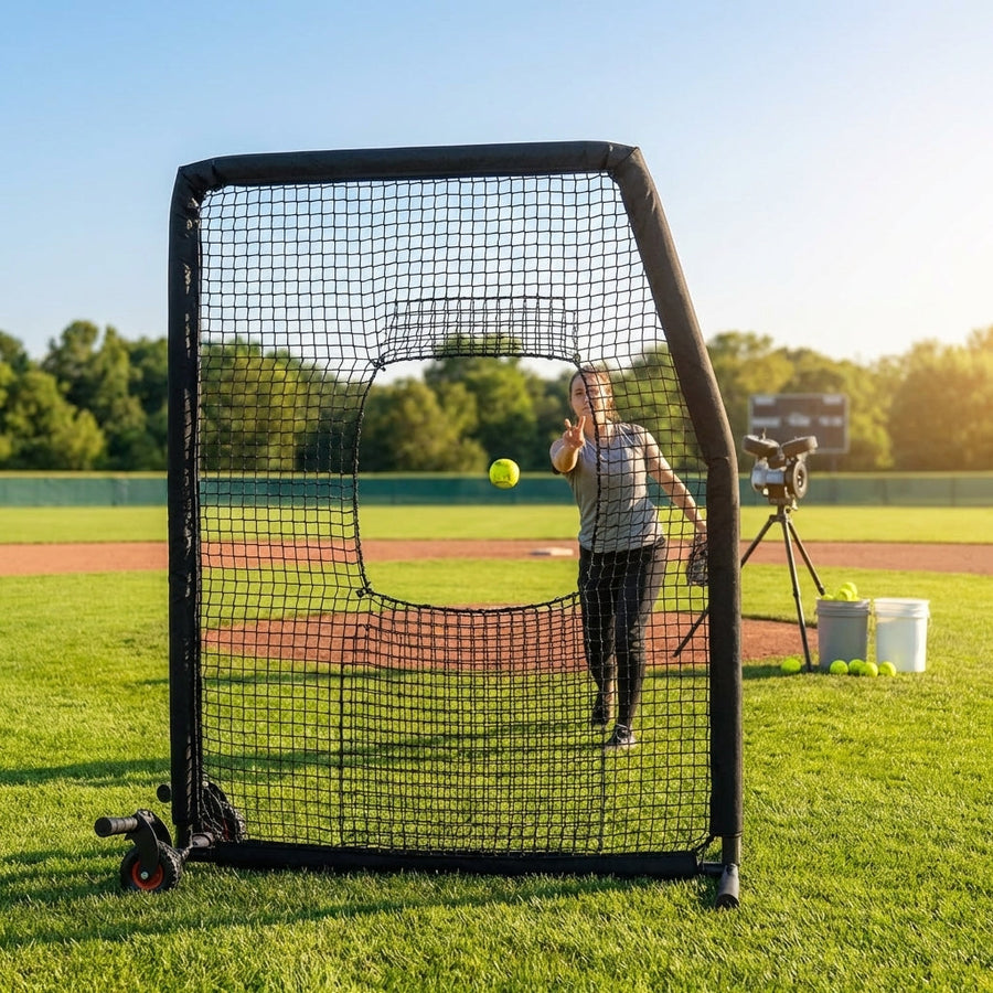 Softball Pitching Screen – Black – Steel & Foam Protection – Training Equipment