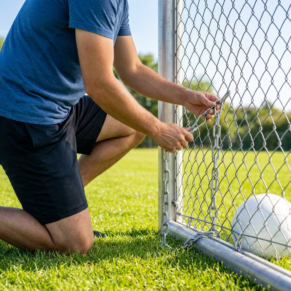 Galvanised steel goal anchor chains securing sports goals