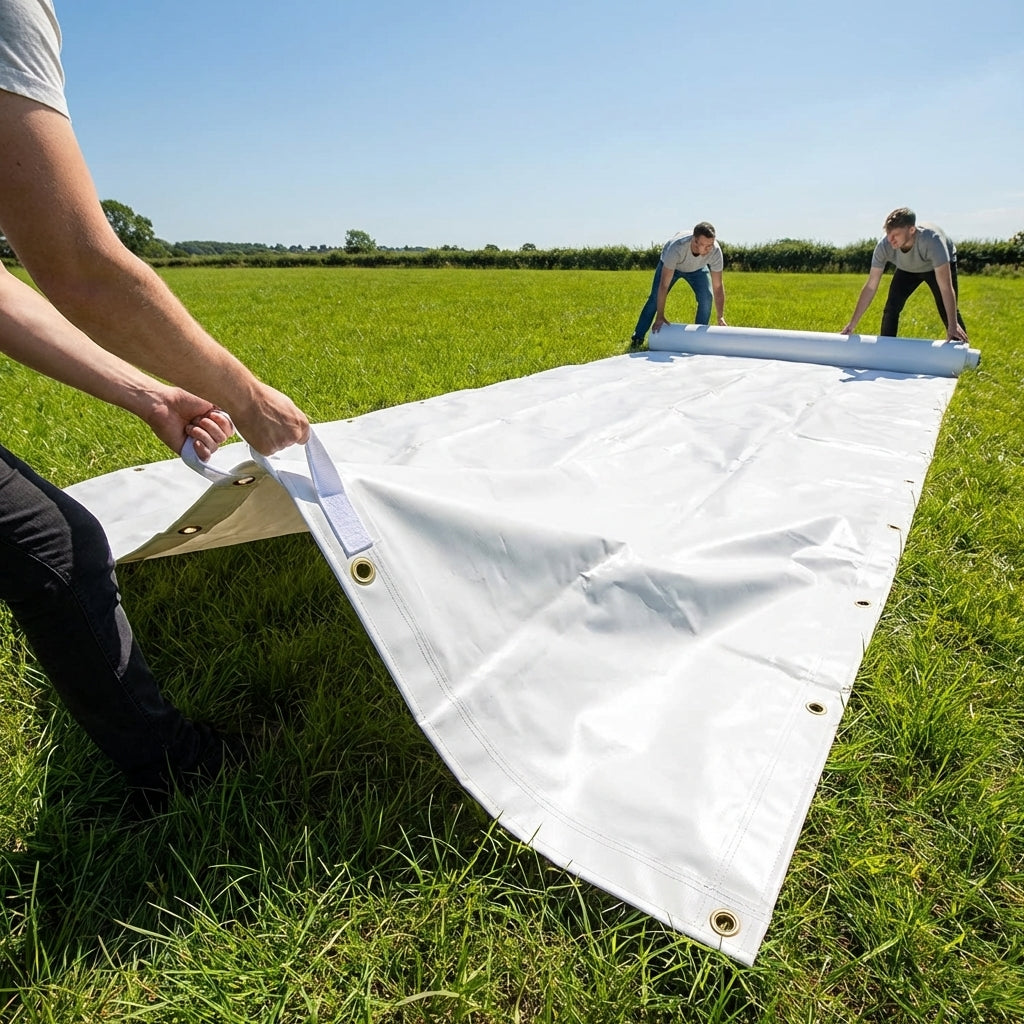 Heavy duty tarpaulin with brass eyelets and grab handles - product detail