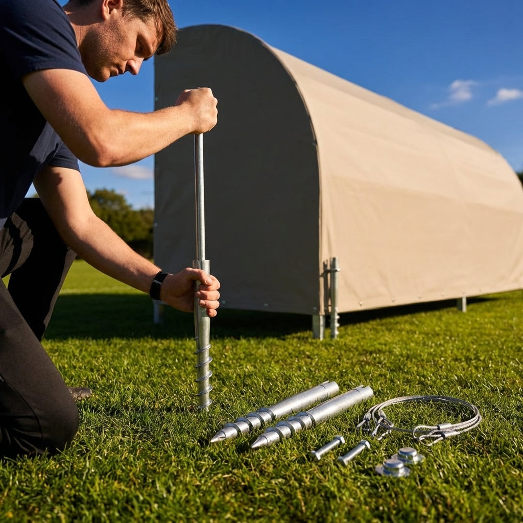 Galvanised steel ground screw anchor kit for securing outdoor structures - product detail