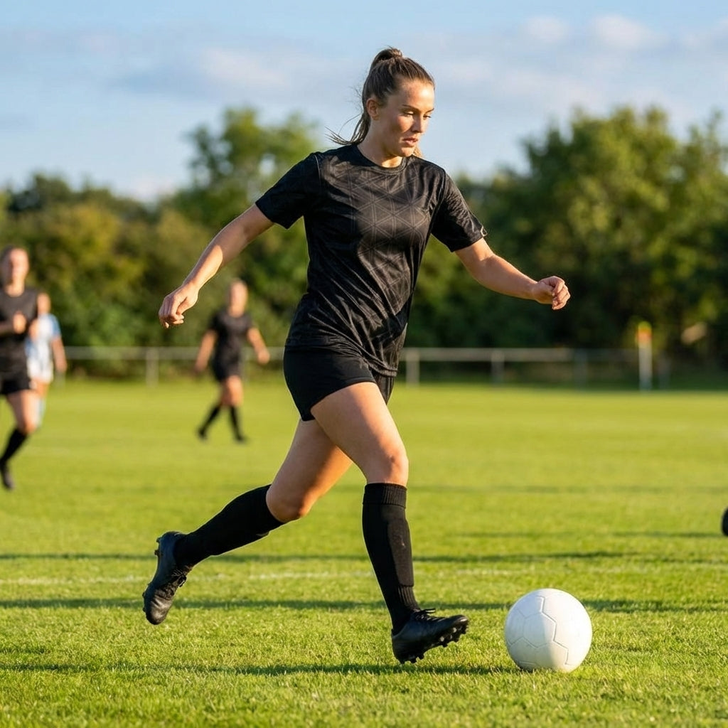 Black football shirt made of lightweight polyester with geometric print