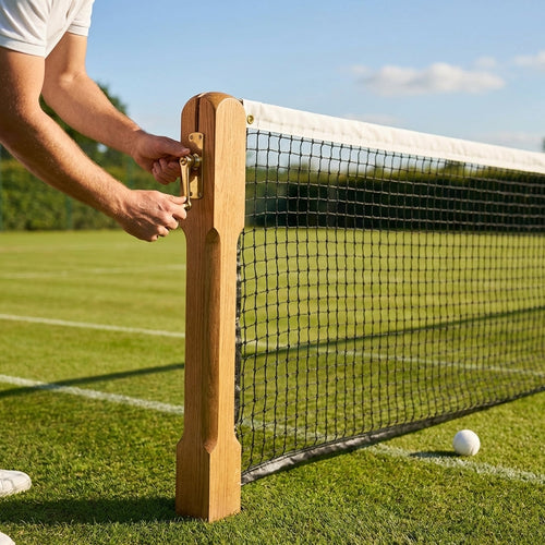 Wooden Tennis Posts – Hand Carved Oak – Brass Winder Mechanism – Professional Courts