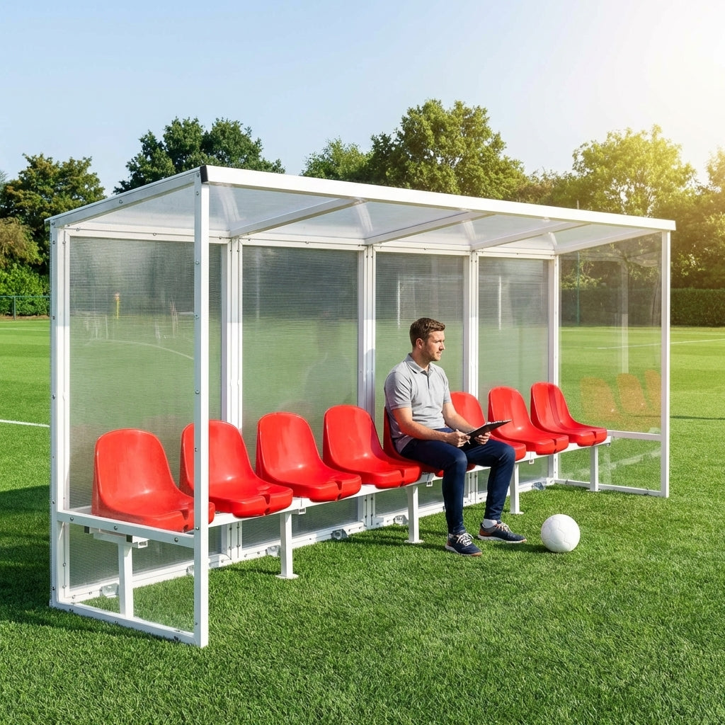 Heavy duty aluminium team shelter with moulded seats