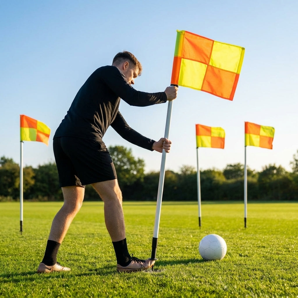 Spring-loaded football corner flags in various colours with weatherproof PVC poles