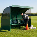 Fixed team shelter with aluminium frame and polycarbonate panels for sports
