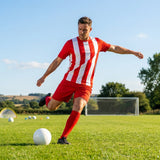 Men's striped football kit with shirt, shorts, and socks