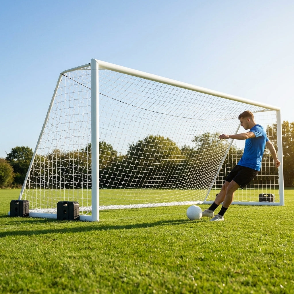 Freestanding stadium football goal with aluminium frame and box net