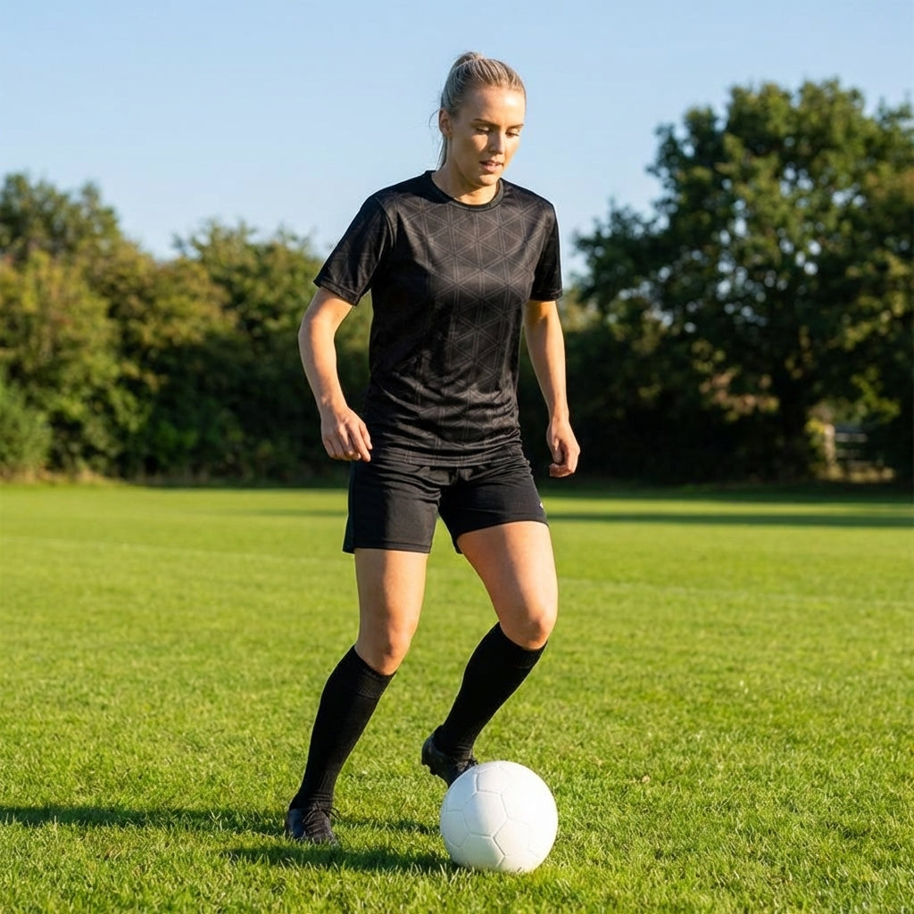 Black football shirt made of lightweight polyester with geometric print