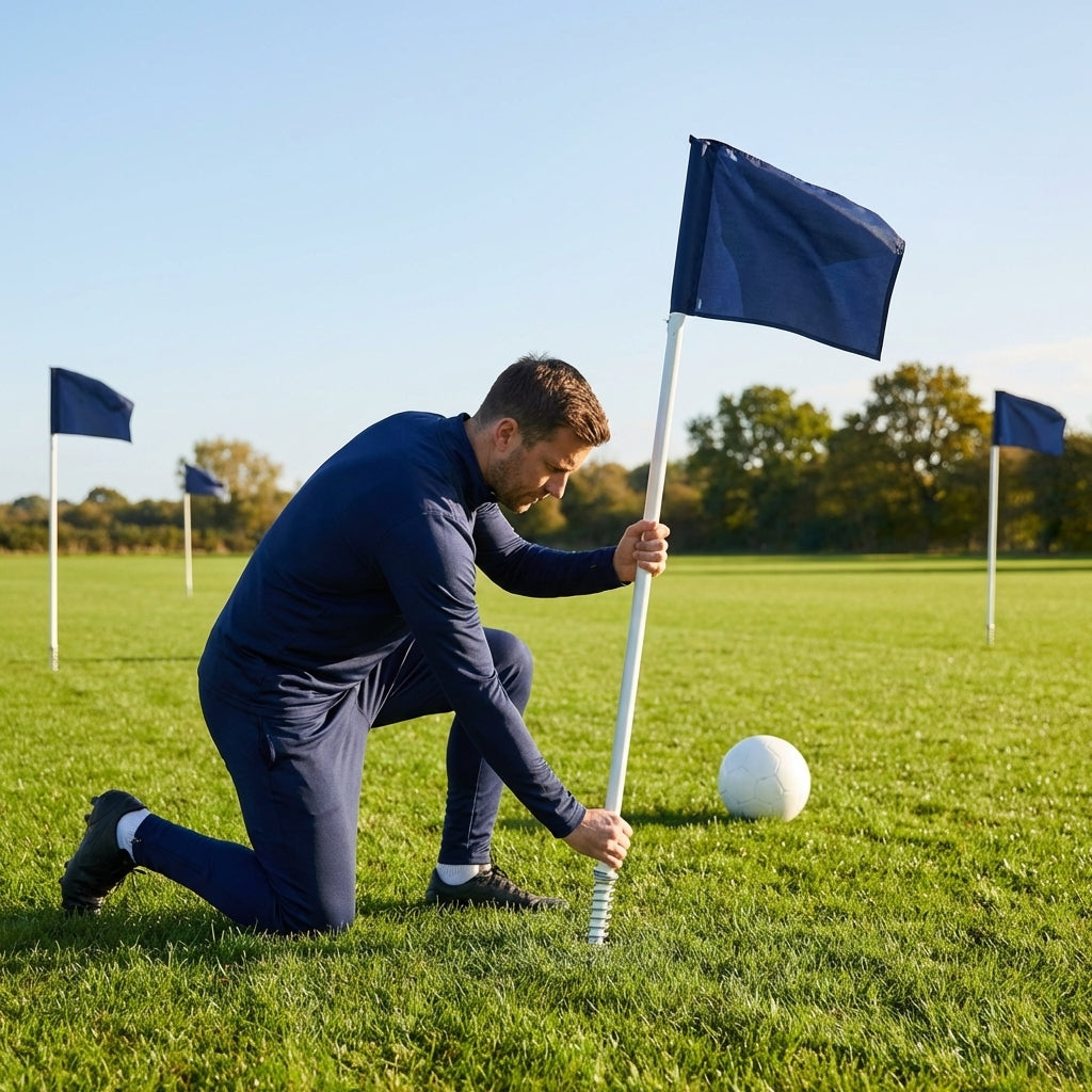 Spring-loaded football corner flags in various colours with weatherproof PVC poles