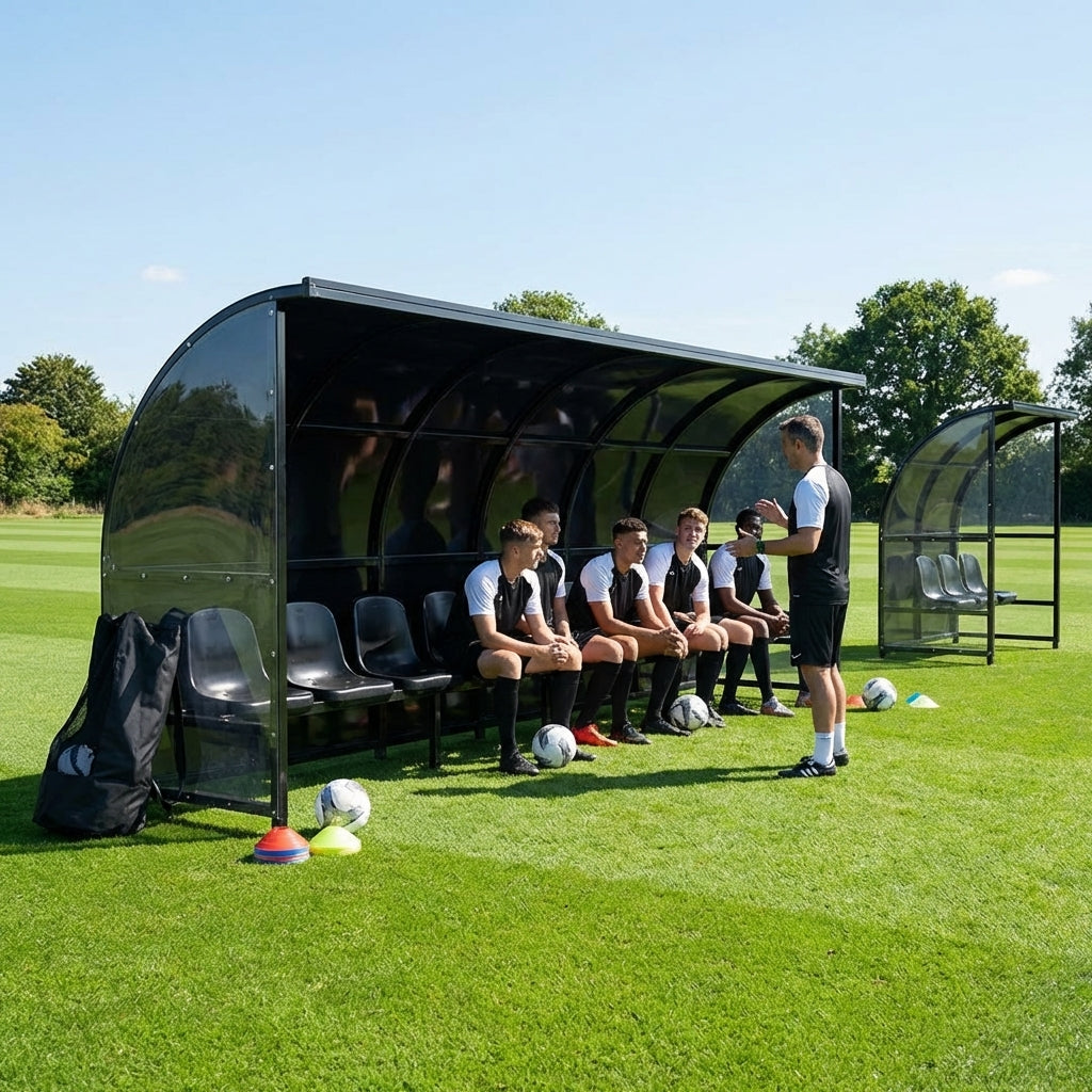 Heavy duty aluminium team shelter with moulded seats