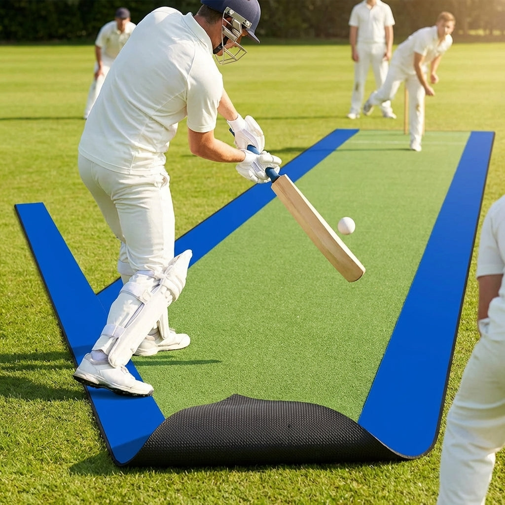 Premium cricket matting with blue surround for indoor and outdoor use