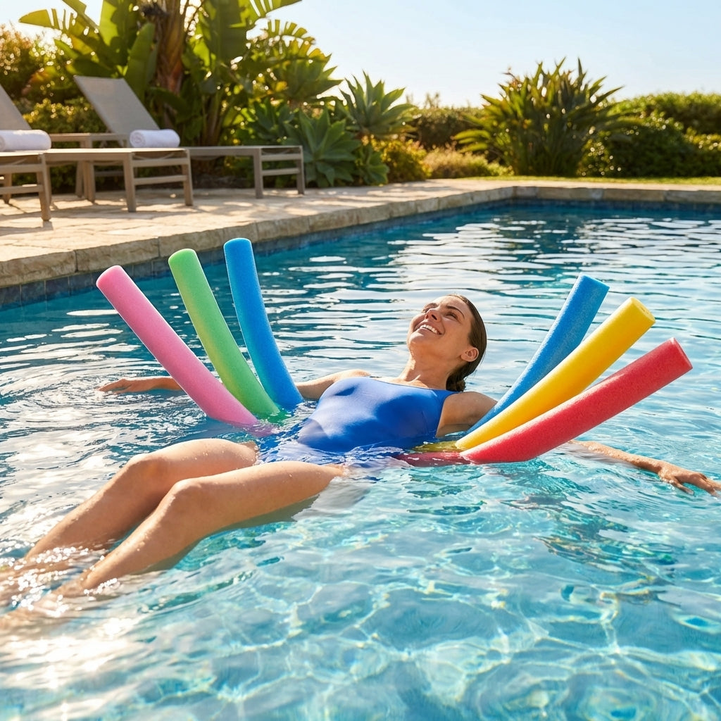 Colourful swimming pool noodles made from EVA foam