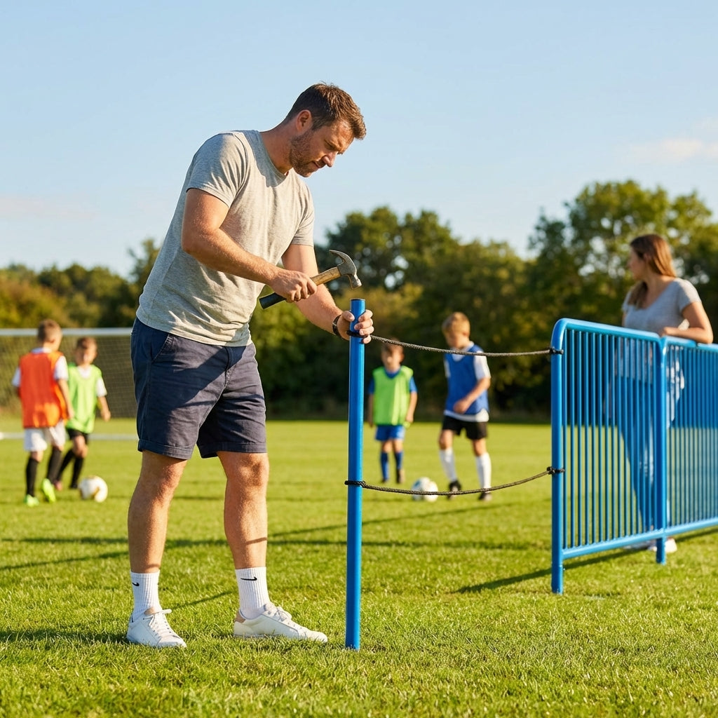Football crowd control barrier with PVC poles for outdoor use