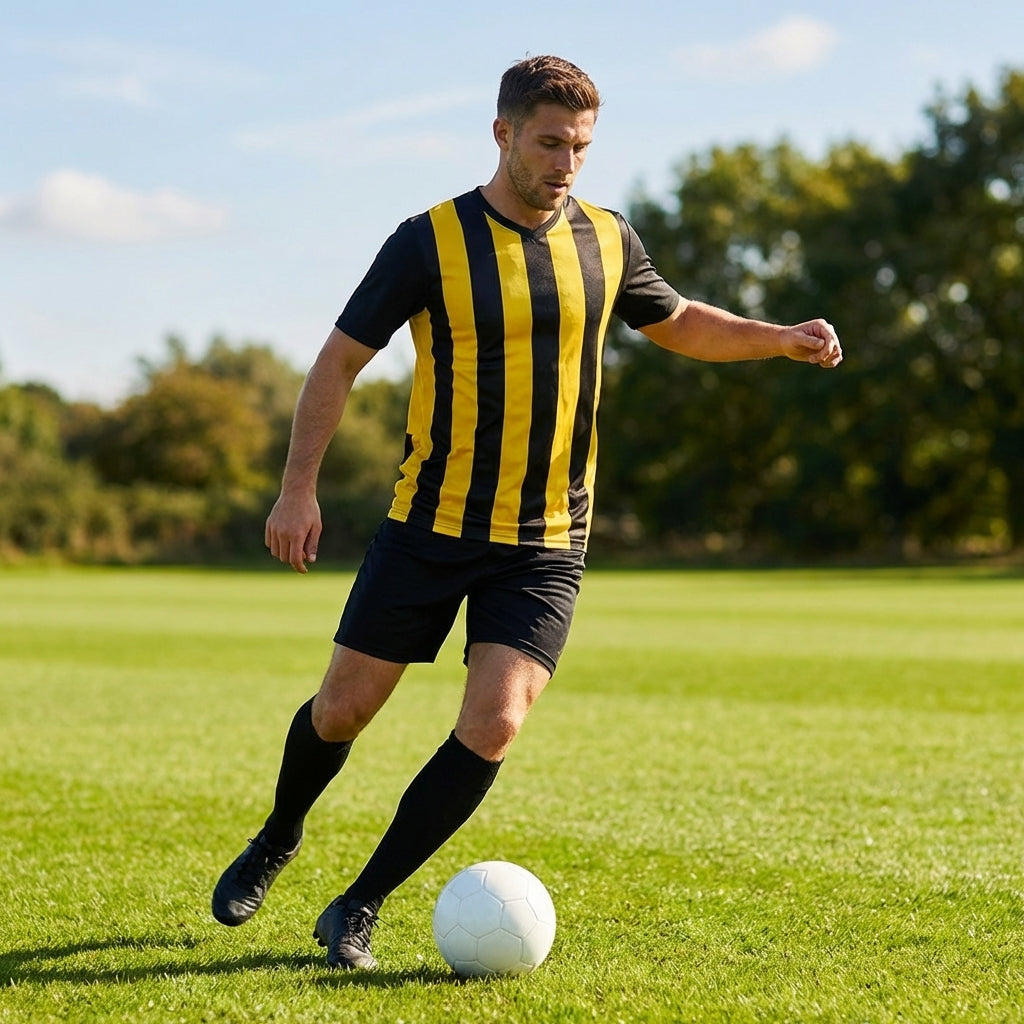 Men's striped football kit with shirt, shorts, and socks