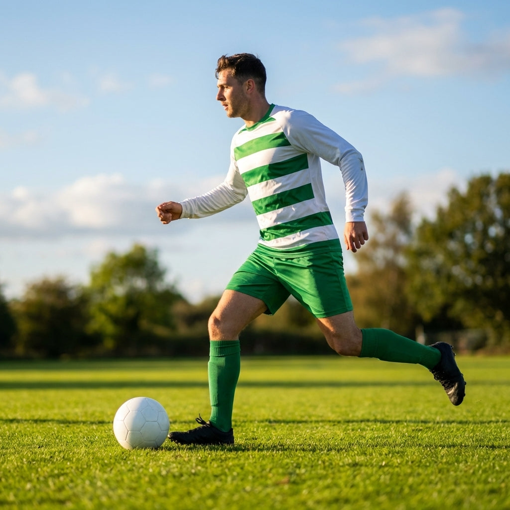 Men's Striped Football Kit with long-sleeve top, shorts, and socks