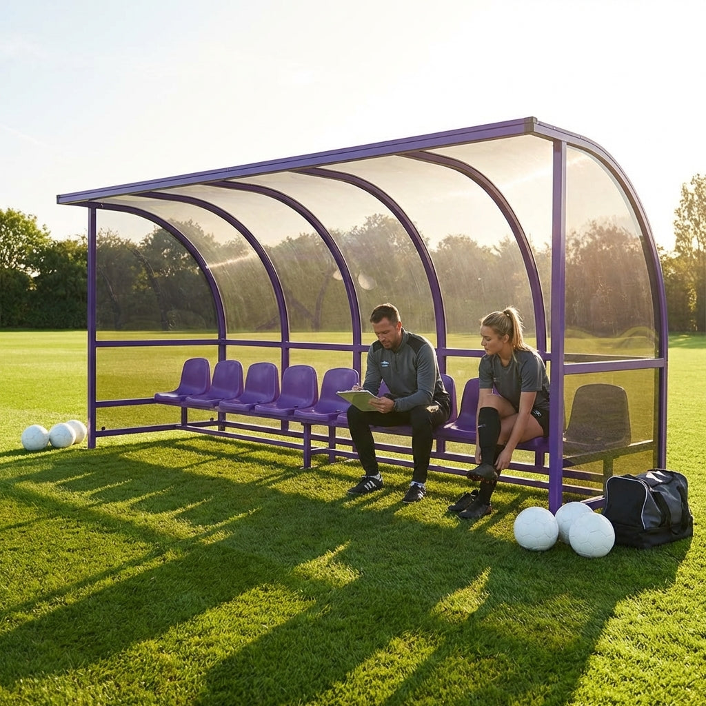Fixed team shelter with aluminium frame and polycarbonate panels for sports