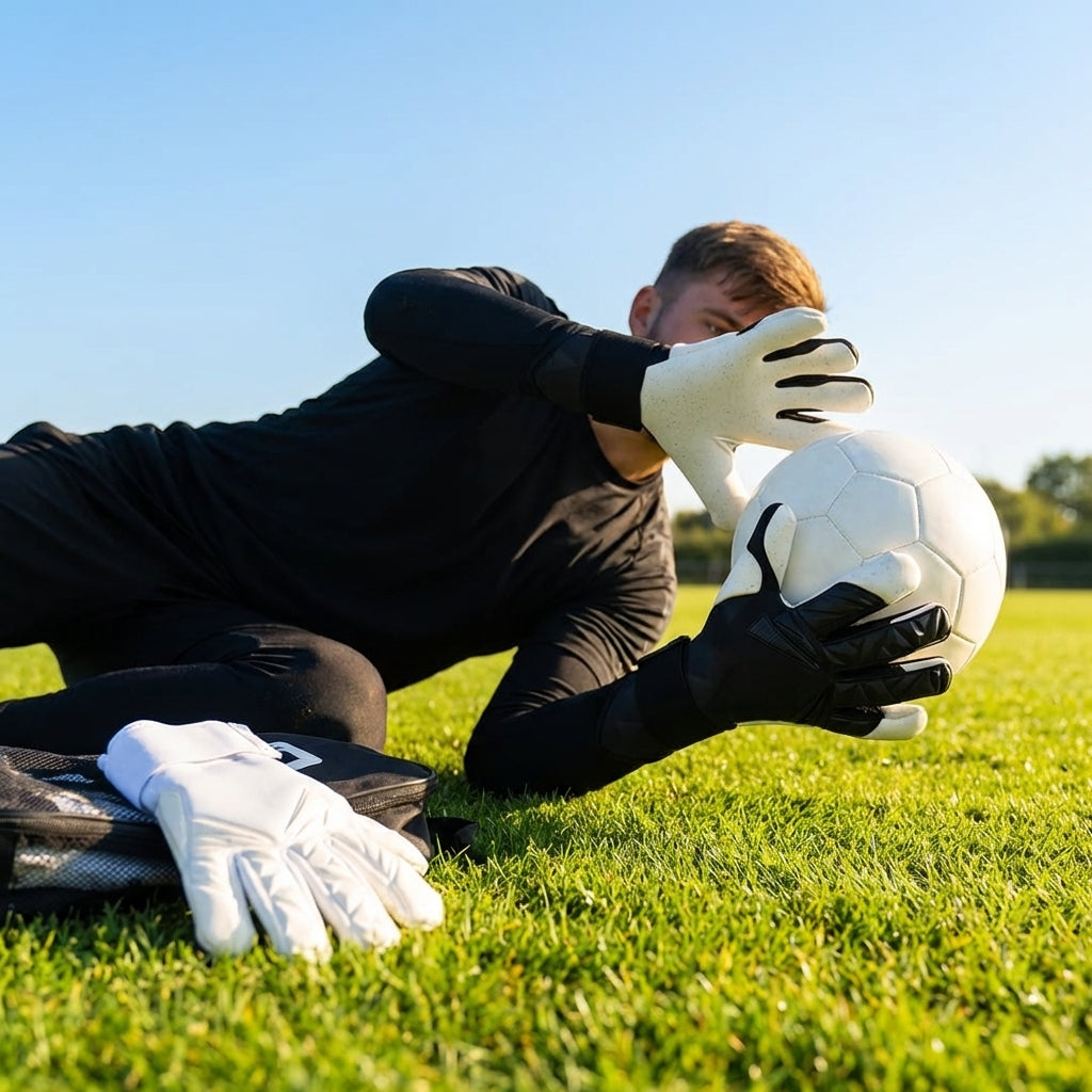 Hybrid goalkeeper gloves in white and black with neoprene backhand