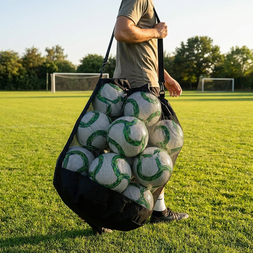 Football carry bag with 12 footballs, durable mesh