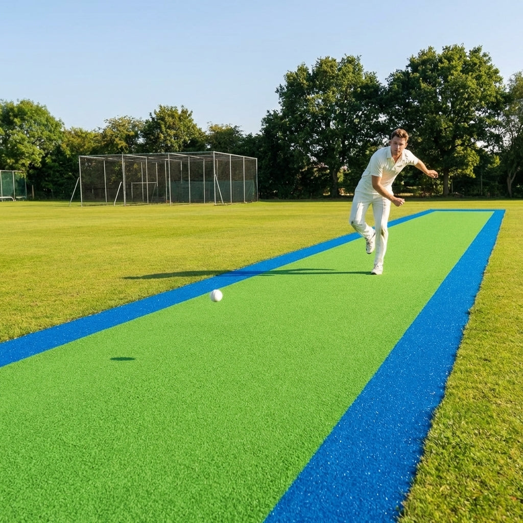 Premium cricket matting with blue surround for indoor and outdoor use