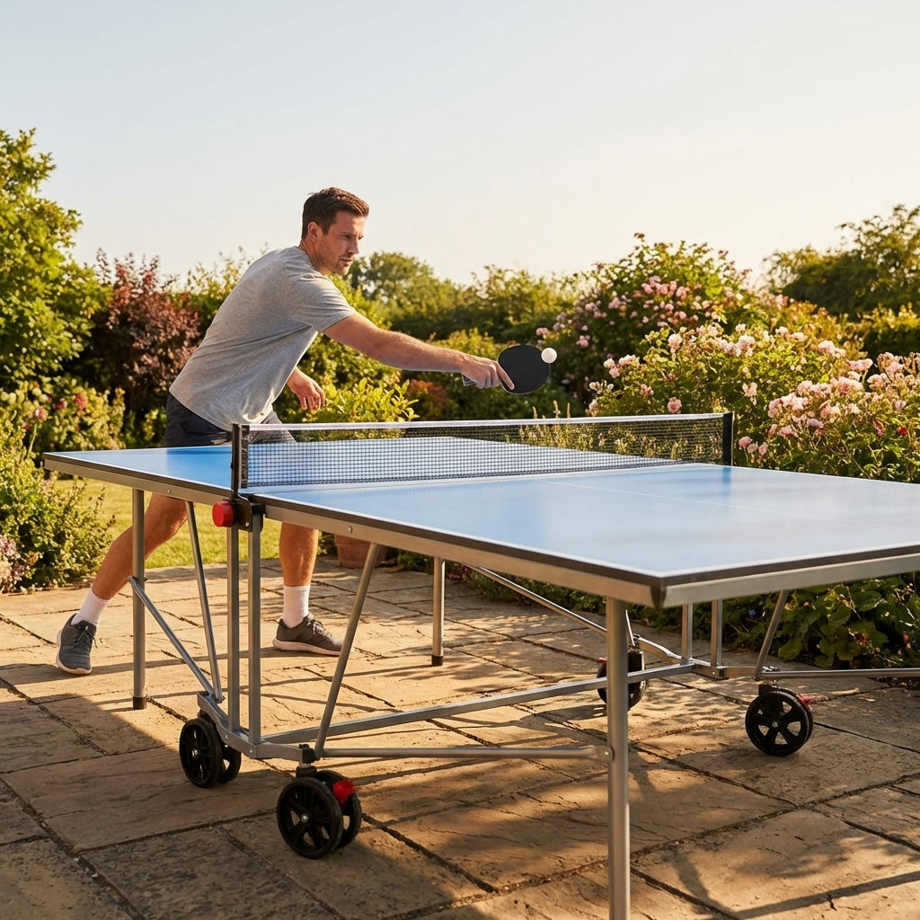 Outdoor table tennis table with steel frame and blue resin top