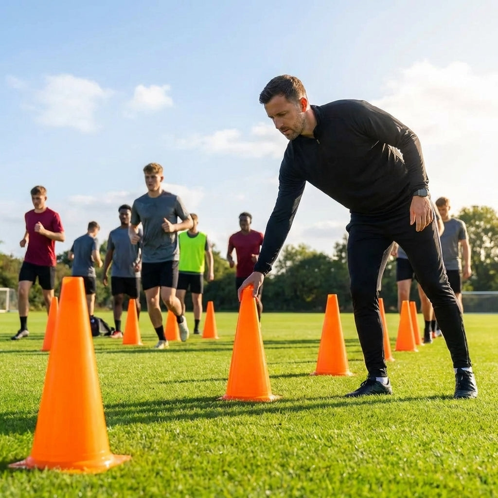 Set of vibrant football training cones in various sizes and colours