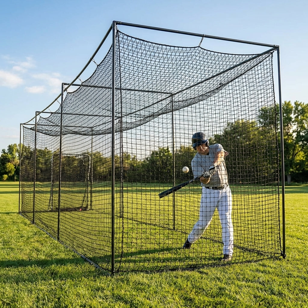 Black baseball batting cage nets made from HDPP twine for indoor and outdoor use