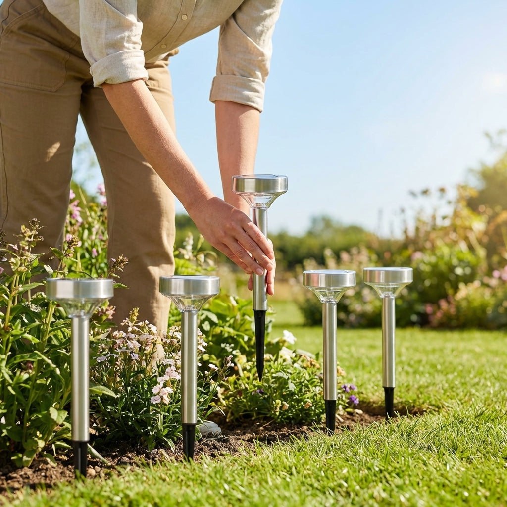 Solar-powered garden lights in black and silver, outdoor pathway lighting