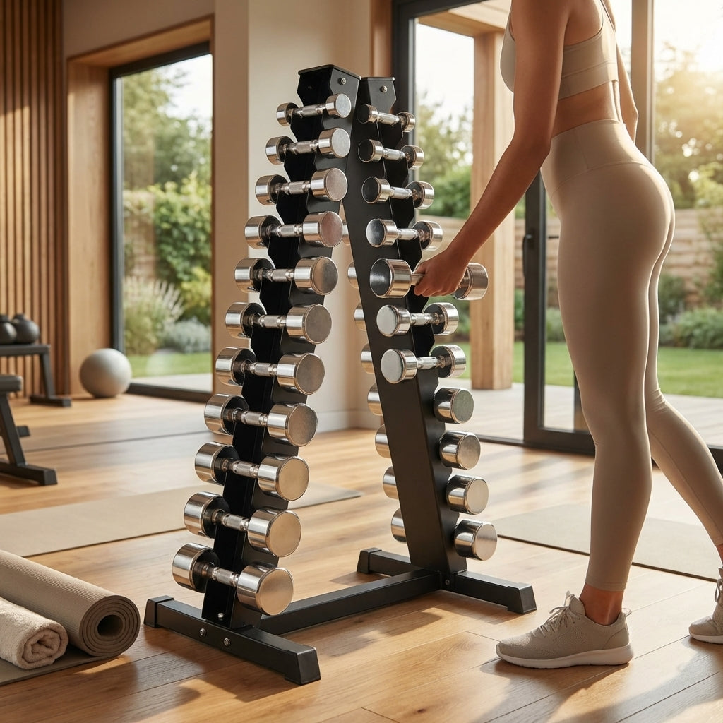 Dumbbell tree rack for home and gym, steel and rubber construction