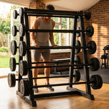Steel barbell rack set for gym use, featuring a heavy-duty frame.