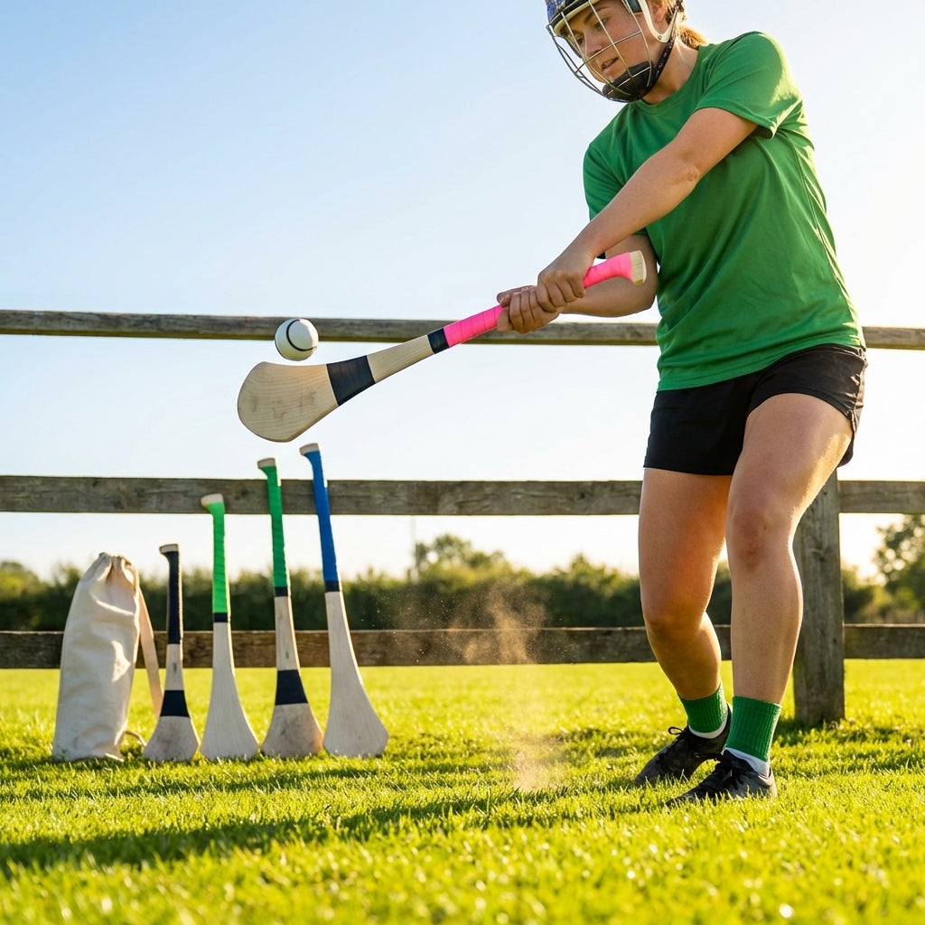Ash Hurling Stick with custom grip colours, ideal for indoor and outdoor sports