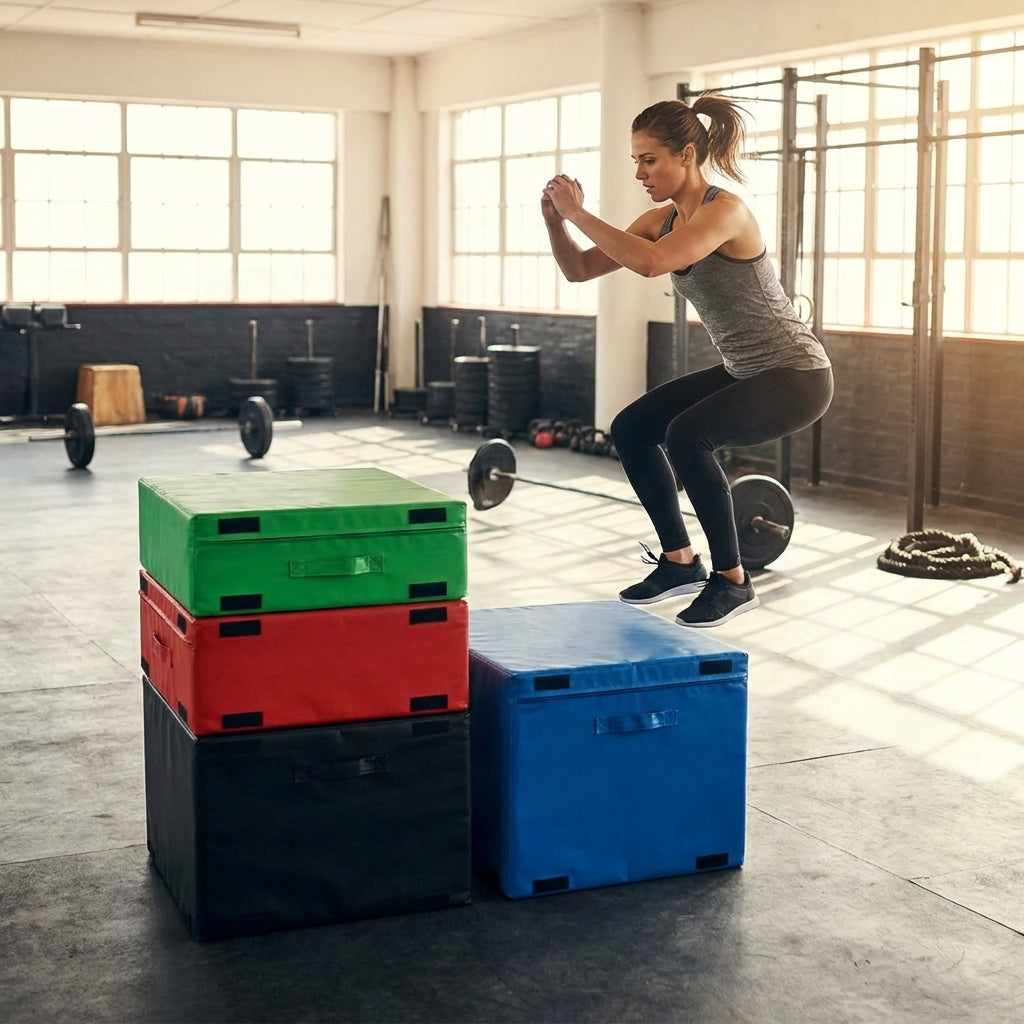 Plyometric jump boxes in various colours and heights for gym workouts