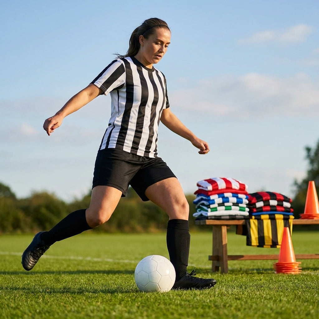 Women's striped football shirts in various colours and sizes